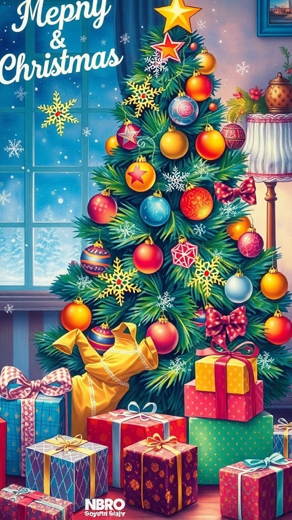 A colorful 90s Christmas drawing with a tree, ornaments, and gifts.